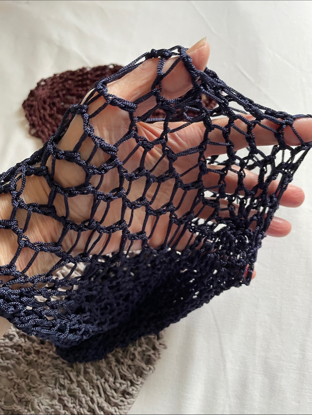 3 Pc Women’s Rayon Crocheted Mesh Hair Net Snoods in Navy, Grey, Brown - Picture 3 of 4